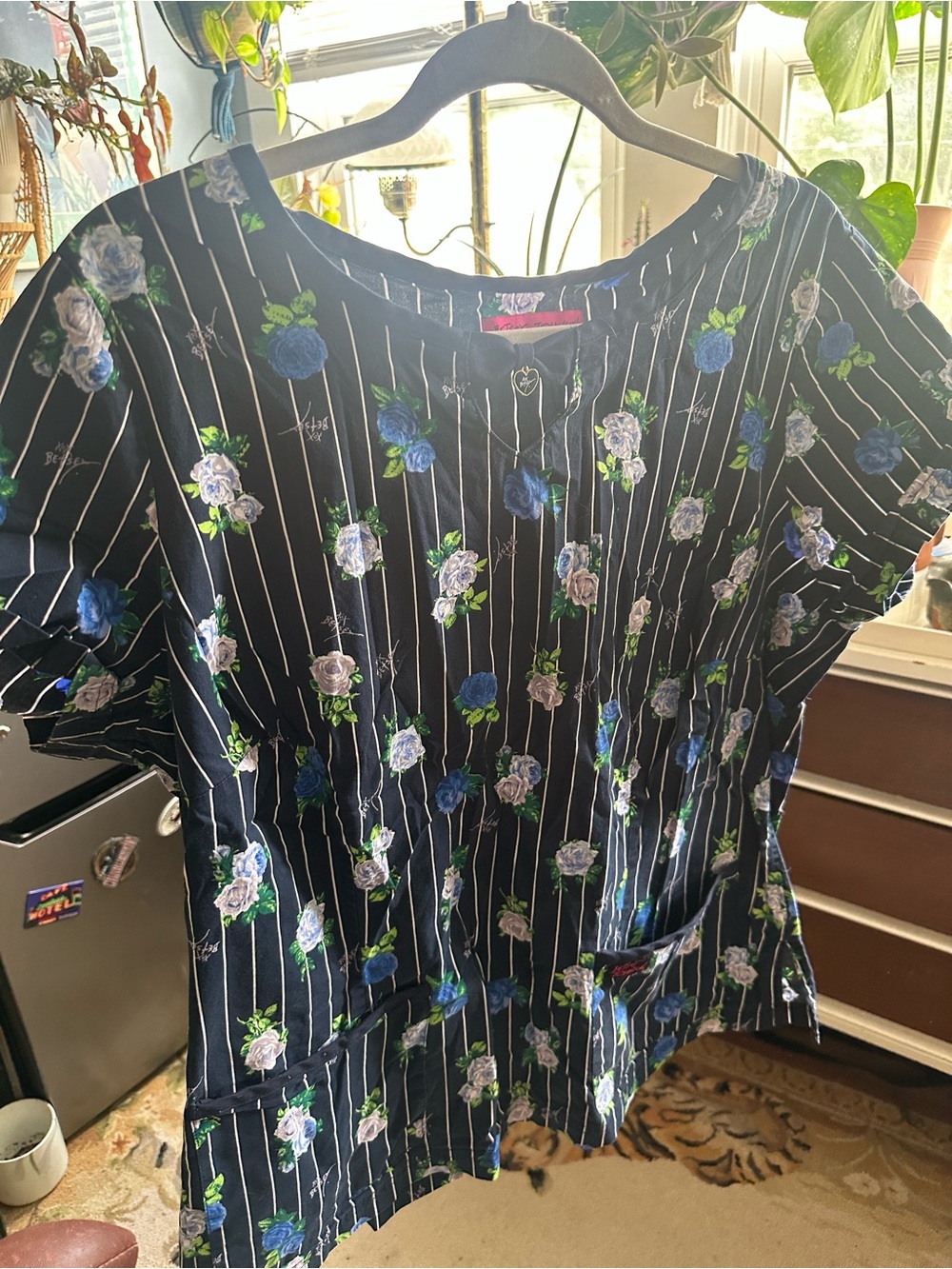 Navy Floral Betsey Johnson Pinstripe Scrub Top